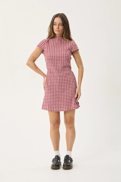 AFENDS Womens Elodie - Seersucker Mini Dress - Base Burgundy Check