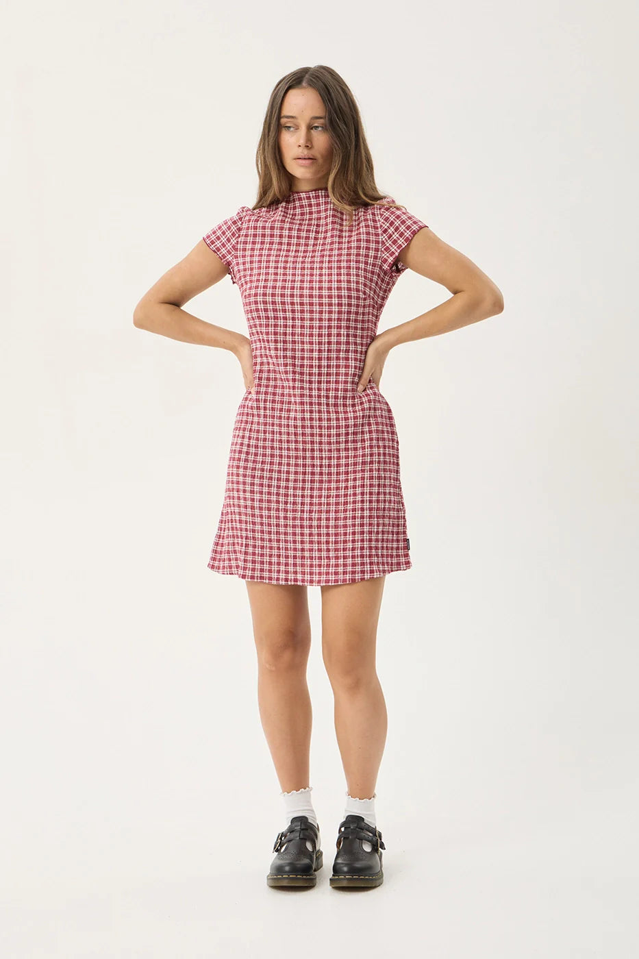 AFENDS Womens Elodie - Seersucker Mini Dress - Base Burgundy Check