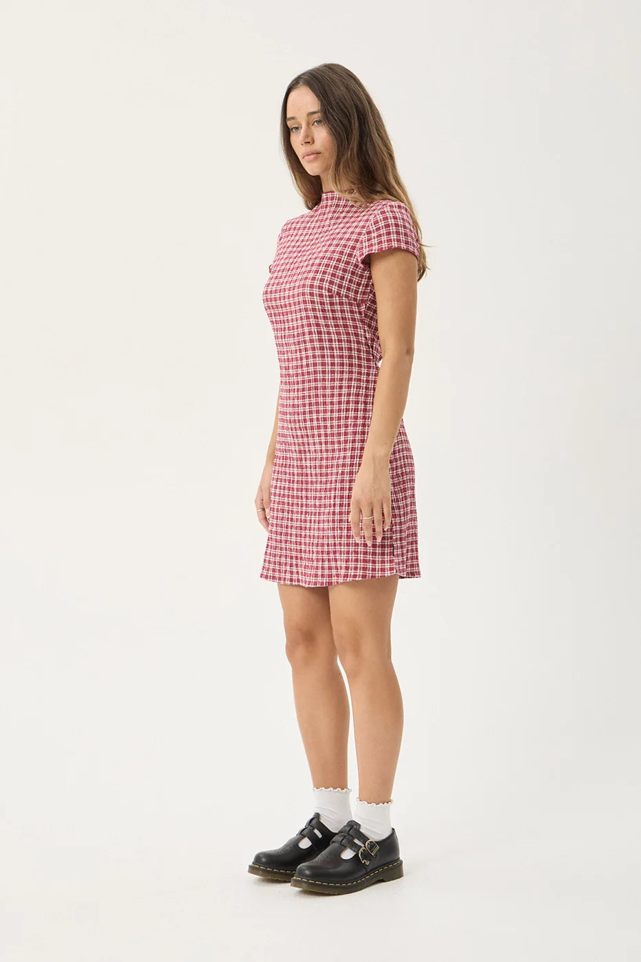 AFENDS Womens Elodie - Seersucker Mini Dress - Base Burgundy Check