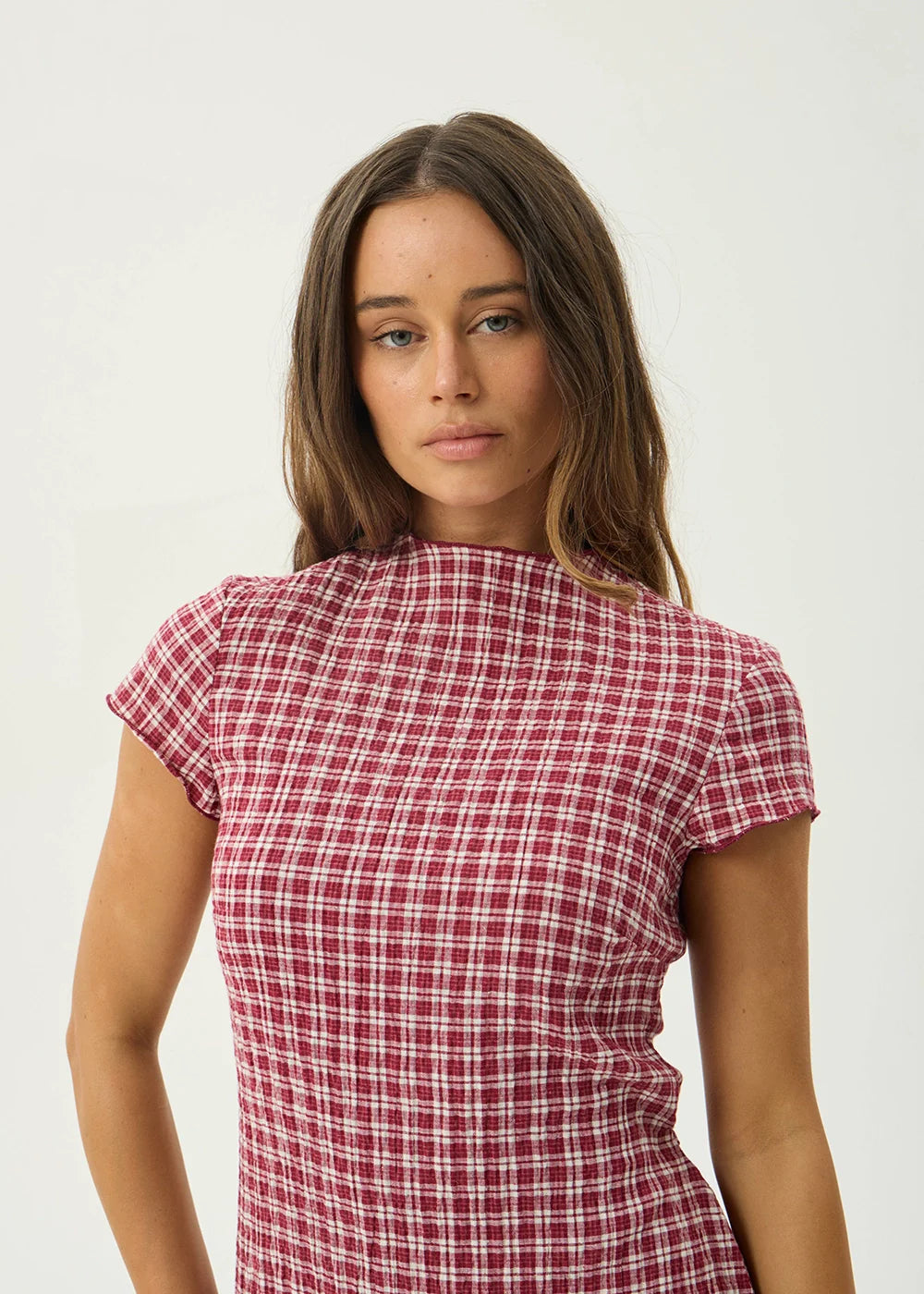 AFENDS Womens Elodie - Seersucker Mini Dress - Base Burgundy Check