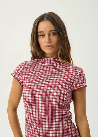 AFENDS Womens Elodie - Seersucker Mini Dress - Base Burgundy Check