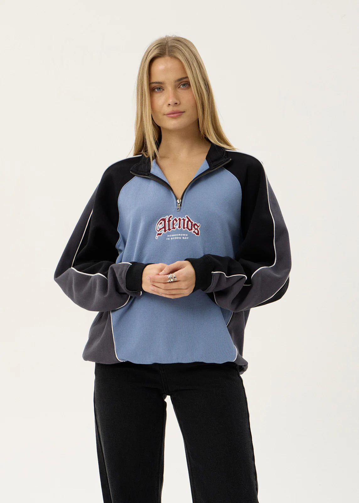 AFENDS Mens Occupancy - Paneled Quarter Zip Jumper - Slate Blue