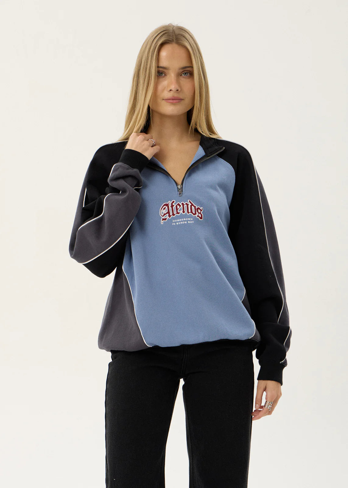 AFENDS Mens Occupancy - Paneled Quarter Zip Jumper - Slate Blue