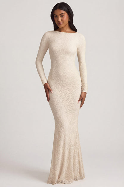 Ruched Backless Lace Maxi Dress in Ivory