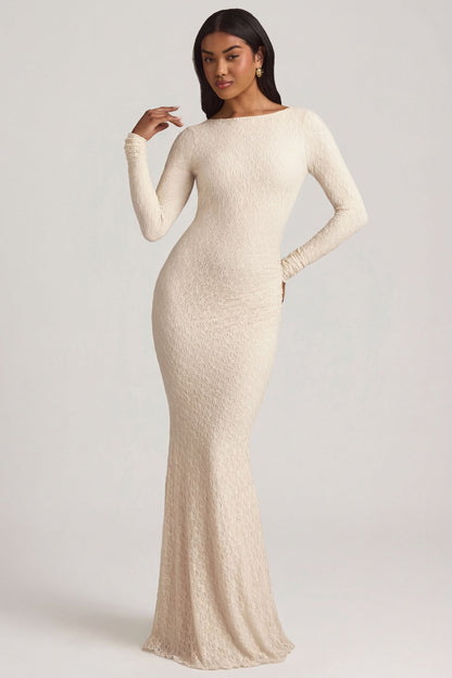 Ruched Backless Lace Maxi Dress in Ivory