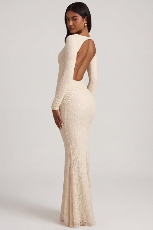Ruched Backless Lace Maxi Dress in Ivory