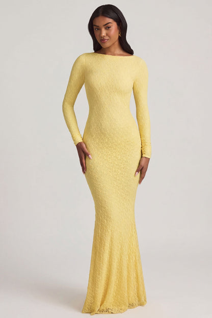 Ruched Backless Lace Maxi Dress in Pastel Yellow