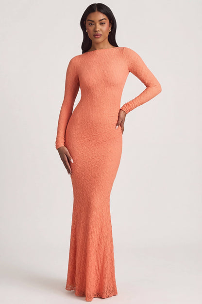 Ruched Backless Lace Maxi Dress in Peach
