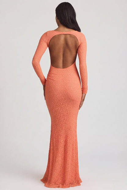 Ruched Backless Lace Maxi Dress in Peach