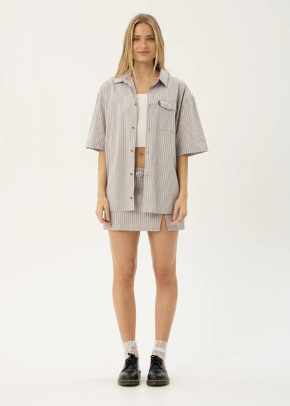 AFENDS Mens Lennox - Short Sleeve Shirt - Olive Stripe
