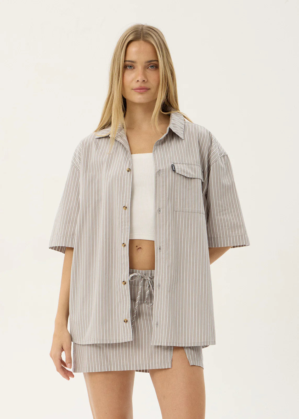 AFENDS Mens Lennox - Short Sleeve Shirt - Olive Stripe