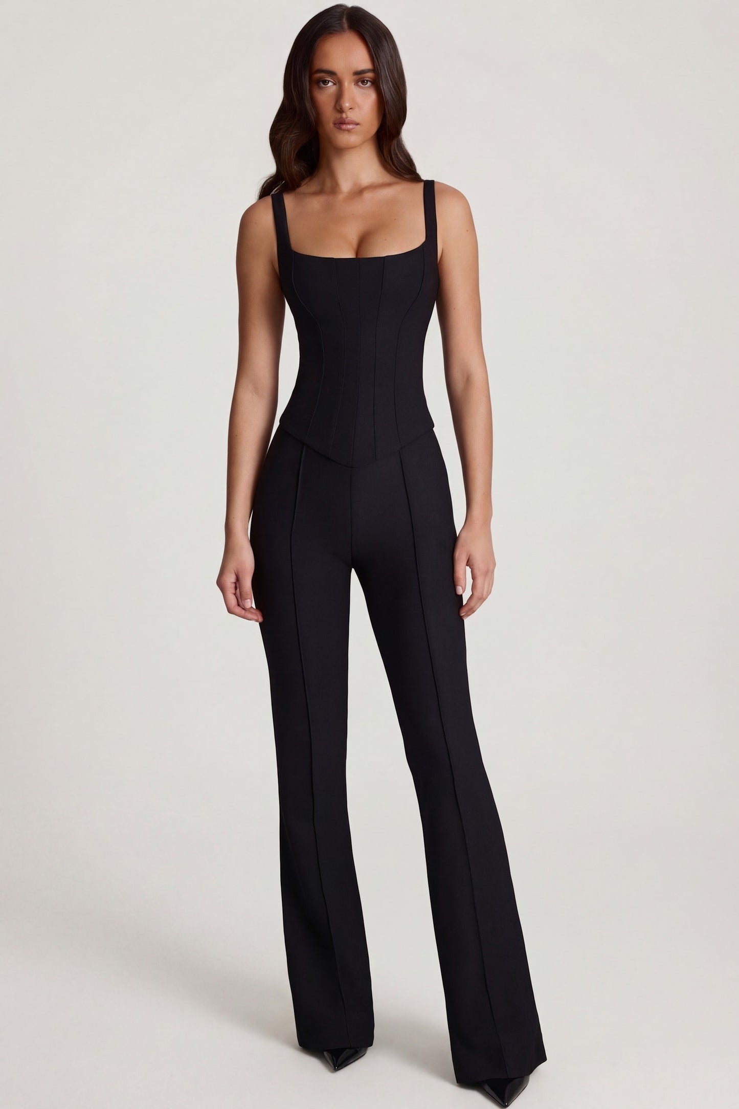 Scoop-Neck Corset Flared Leg Jumpsuit in Black