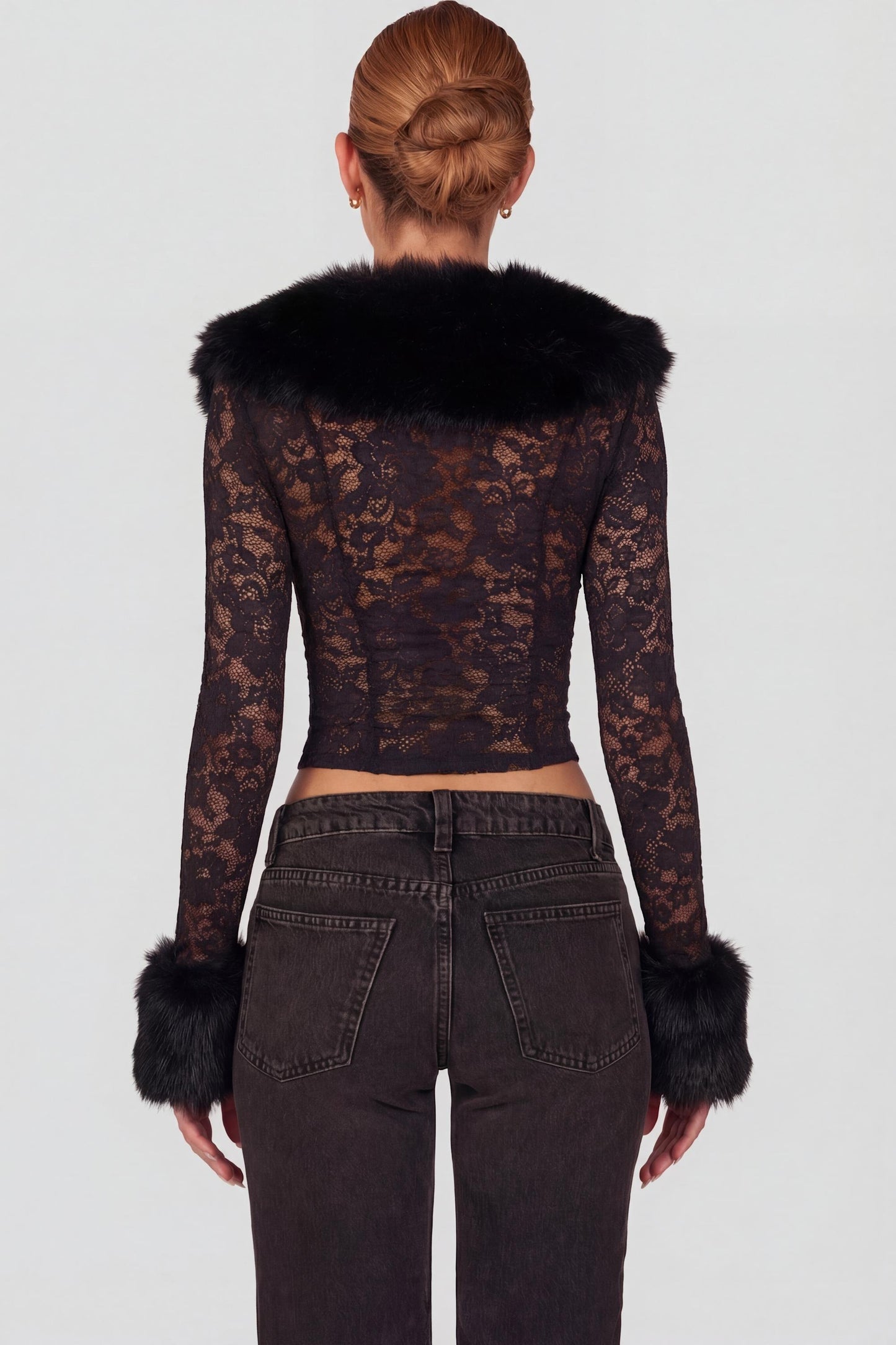 Sheer Lace Faux-Fur-Trim Cardigan in Black