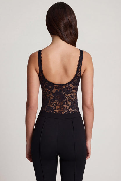 Sheer Lace Scalloped Plunge-Neck Bodysuit in Black