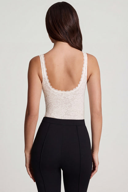 Sheer Lace Scalloped Plunge-Neck Bodysuit in White
