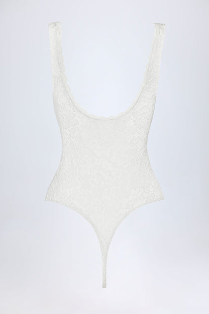 Sheer Lace Scalloped Plunge-Neck Bodysuit in White