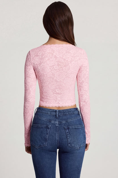 Sheer Lace Plunge-Neck Long-Sleeve Top in Pink