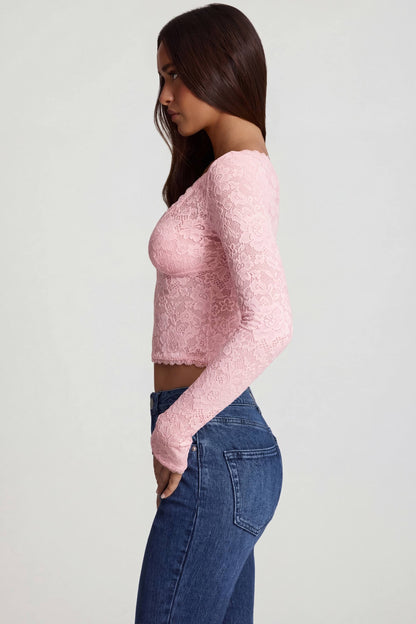 Sheer Lace Plunge-Neck Long-Sleeve Top in Pink