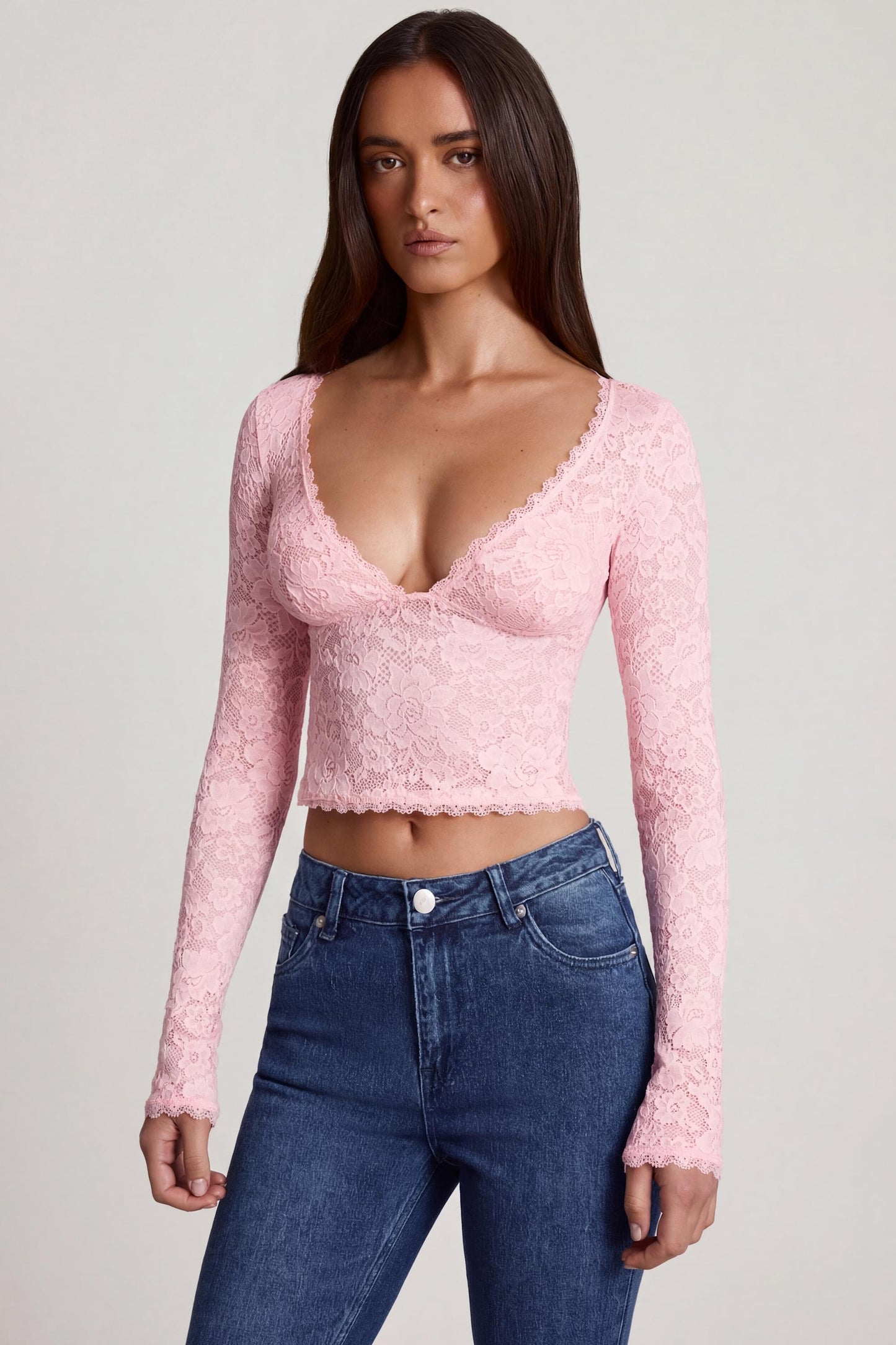 Sheer Lace Plunge-Neck Long-Sleeve Top in Pink