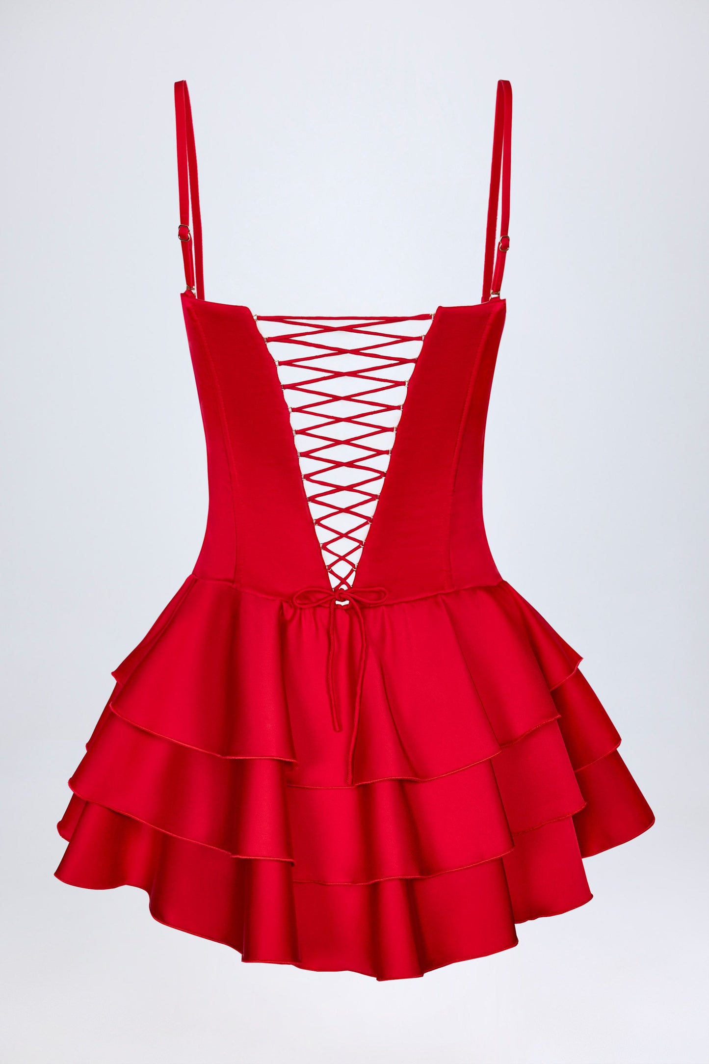 Ruffled Lace-Up Corset Playsuit in Fire Red