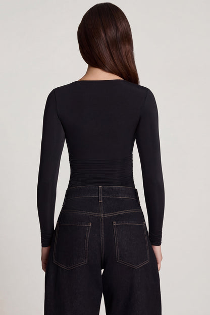 Soft Jersey Sweetheart Ruched Long-Sleeve Top in Black