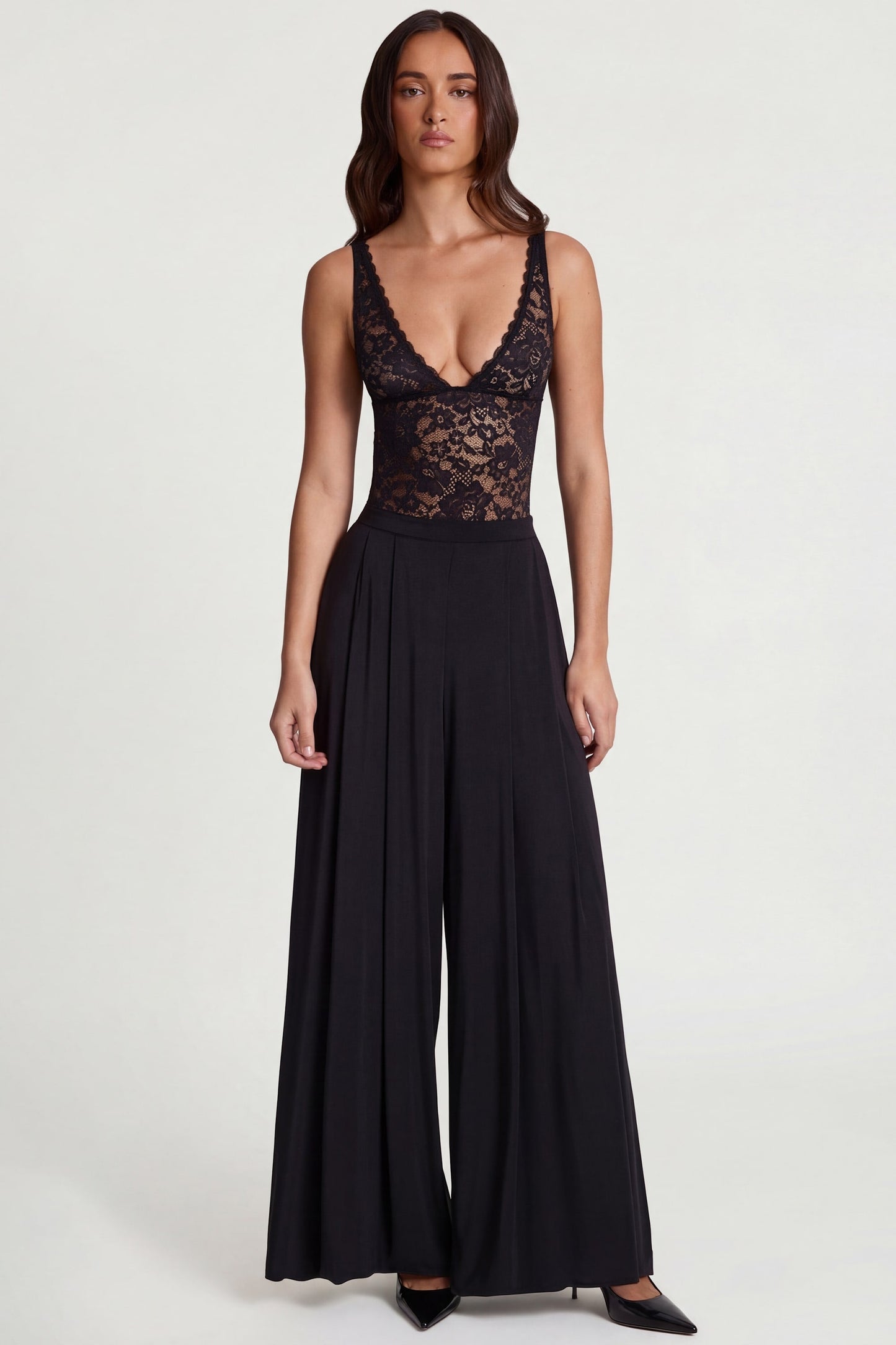 Soft Jersey Mid-Rise Wide-Leg Trousers in Black