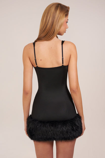 Satin Square-Neck Corset Faux-Fur Mini Dress in Black