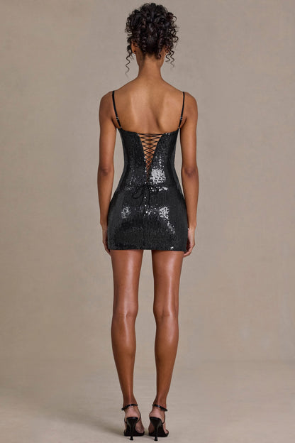 Sequin Lace Corset Mini Dress in Black