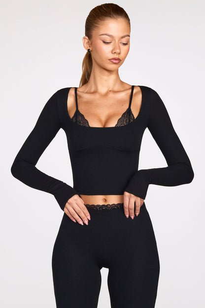 Ribbed Modal Long-Sleeve Laced Bra Top in Black