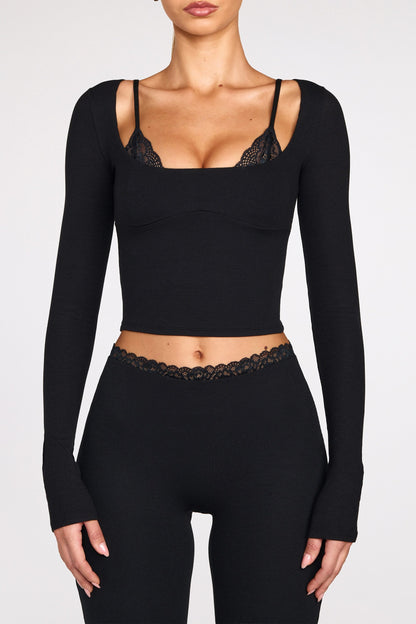 Ribbed Modal Long-Sleeve Laced Bra Top in Black
