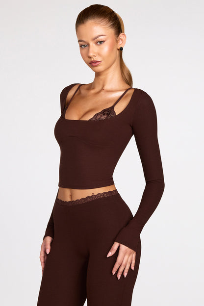 Ribbed Modal Long-Sleeve Laced Bra Top in Chocolate Brown