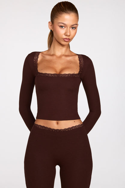 Ribbed Modal Square-Neck Long-Sleeve Top in Chocolate Brown