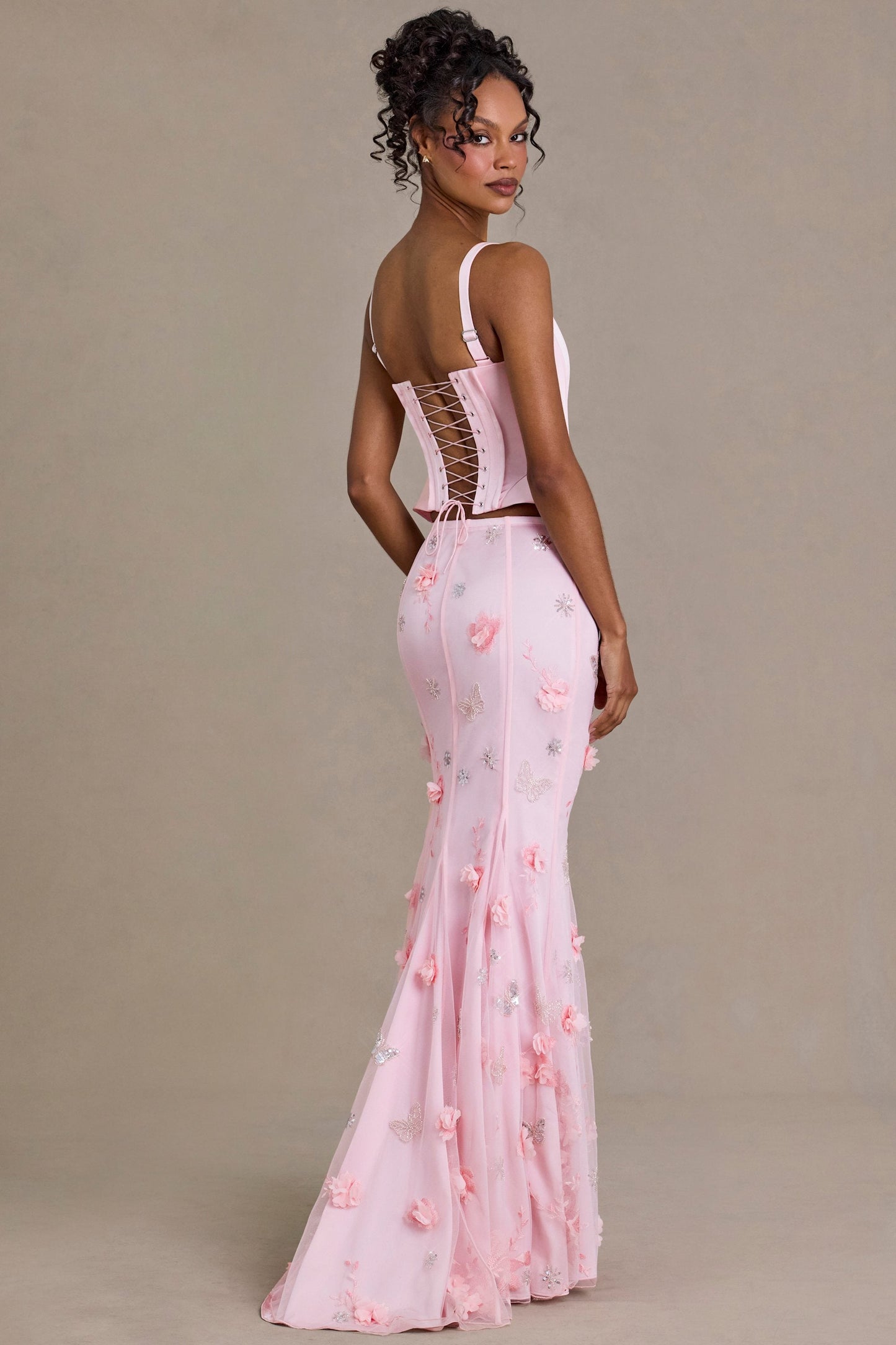 Satin Lace-Up Corset Top in Baby Pink