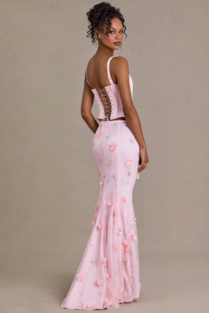 Satin Lace-Up Corset Top in Baby Pink