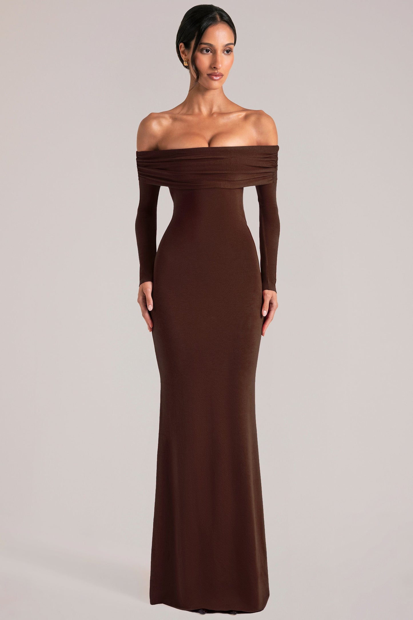 Off-Shoulder Long-Sleeve Maxi Dress in Chocolate Brown