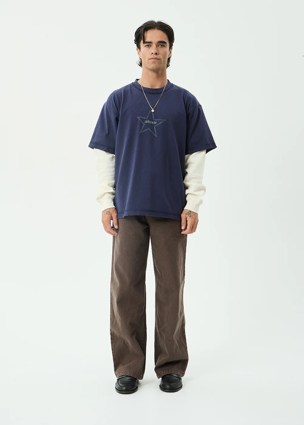 AFENDS Mens Chains - Heavyweight Layered Waffle Long Sleeve Tee - Washed Deep Sea