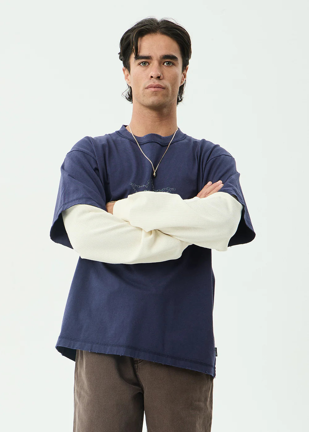 AFENDS Mens Chains - Heavyweight Layered Waffle Long Sleeve Tee - Washed Deep Sea