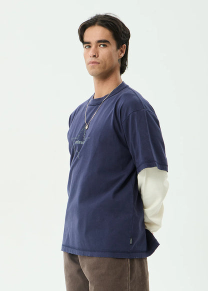 AFENDS Mens Chains - Heavyweight Layered Waffle Long Sleeve Tee - Washed Deep Sea