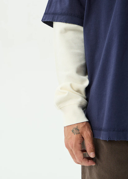 AFENDS Mens Chains - Heavyweight Layered Waffle Long Sleeve Tee - Washed Deep Sea