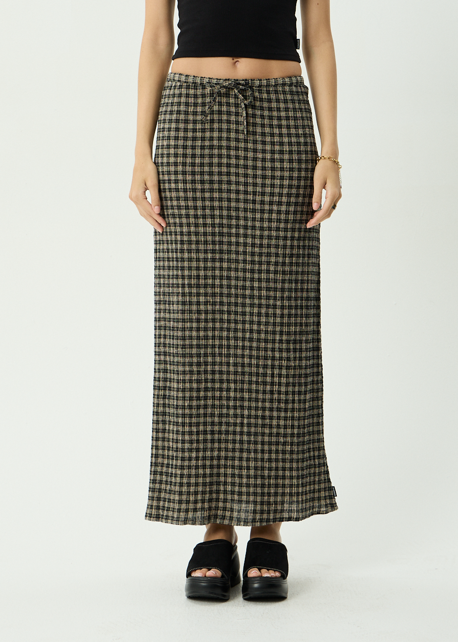 AFENDS Womens Frida -  Seersucker Maxi Skirt - Tan / Olive Check