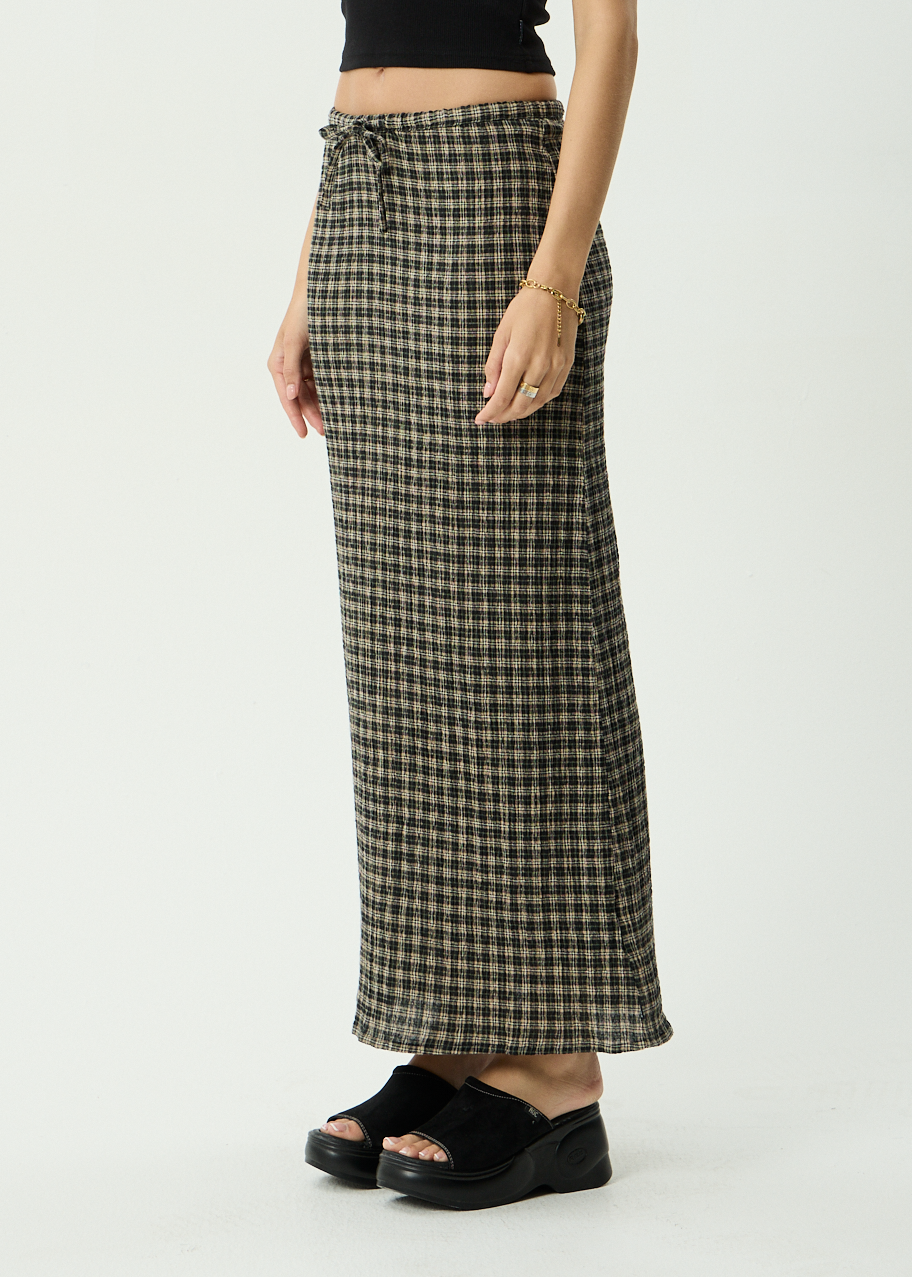 AFENDS Womens Frida -  Seersucker Maxi Skirt - Tan / Olive Check