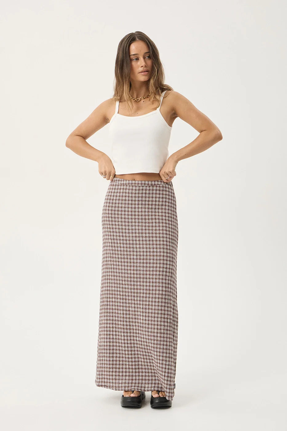 AFENDS Womens Lita - Seersucker Maxi Skirt - Base Coffee Check