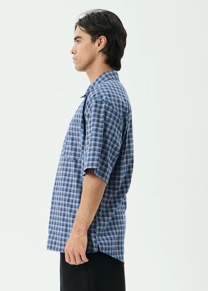 AFENDS Mens Mountains - Workwear Short Sleeve Shirt - Navy Check