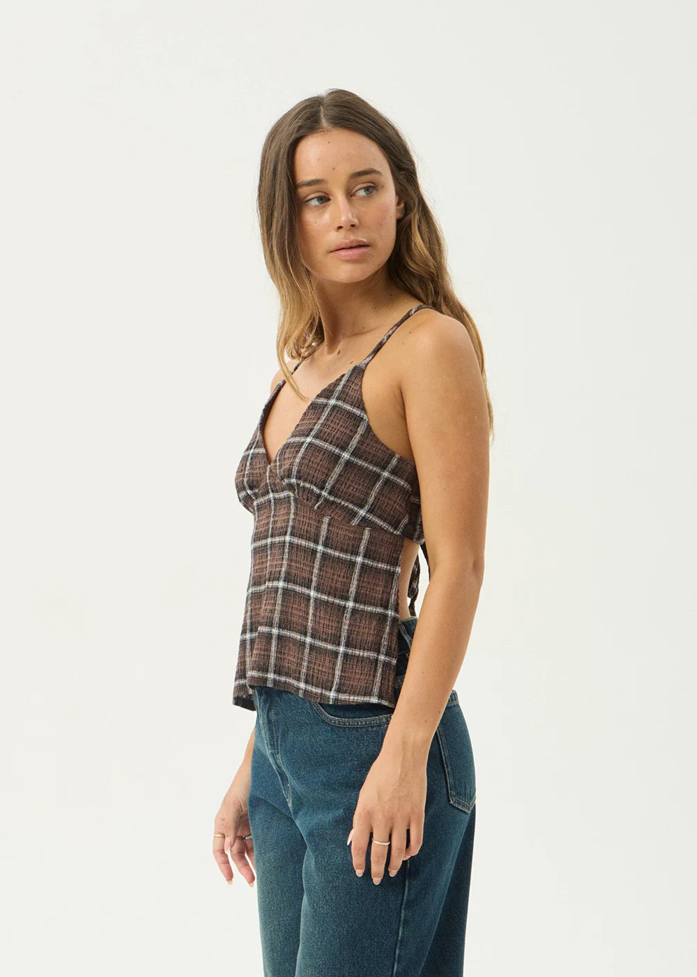 AFENDS Womens Reverie - Seersucker Strappy Top - Coffee Check