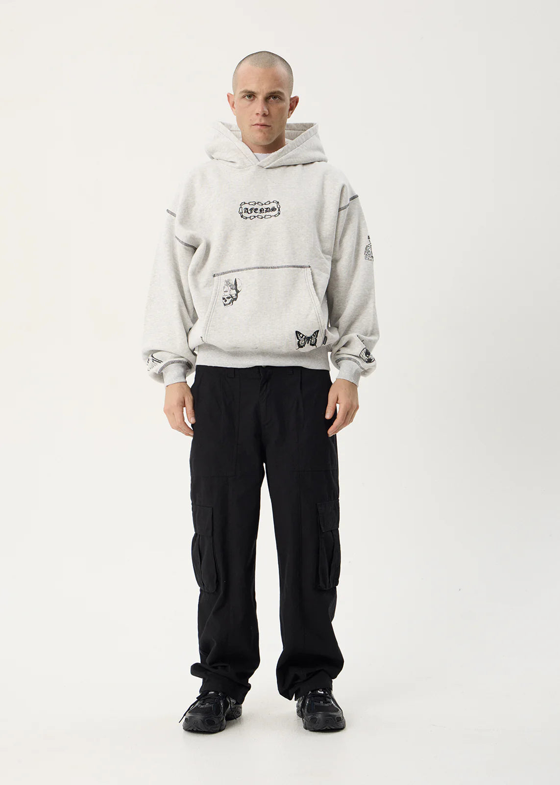 AFENDS Mens Spiritual - Distressed Boxy Hood - Grey Marle