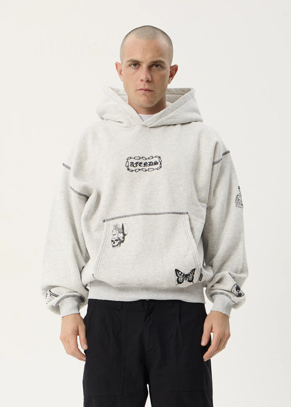 AFENDS Mens Spiritual - Distressed Boxy Hood - Grey Marle