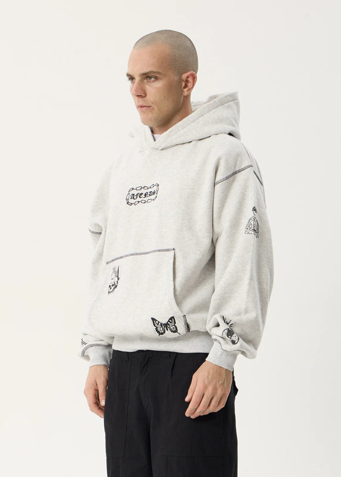 AFENDS Mens Spiritual - Distressed Boxy Hood - Grey Marle