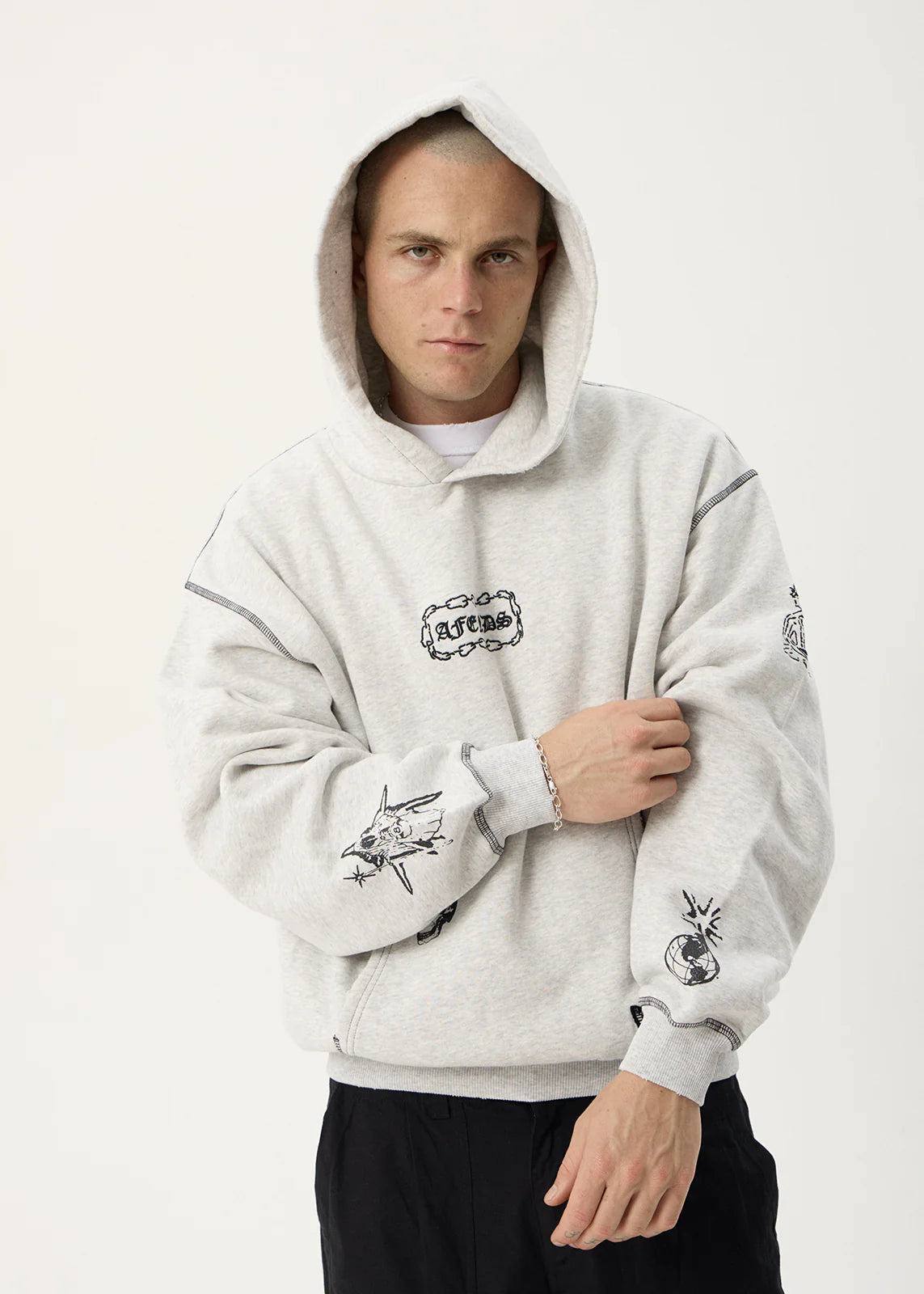 AFENDS Mens Spiritual - Distressed Boxy Hood - Grey Marle