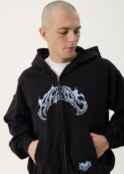 AFENDS Mens Scorpius - Distressed Boxy Zip Hood - Stone Black