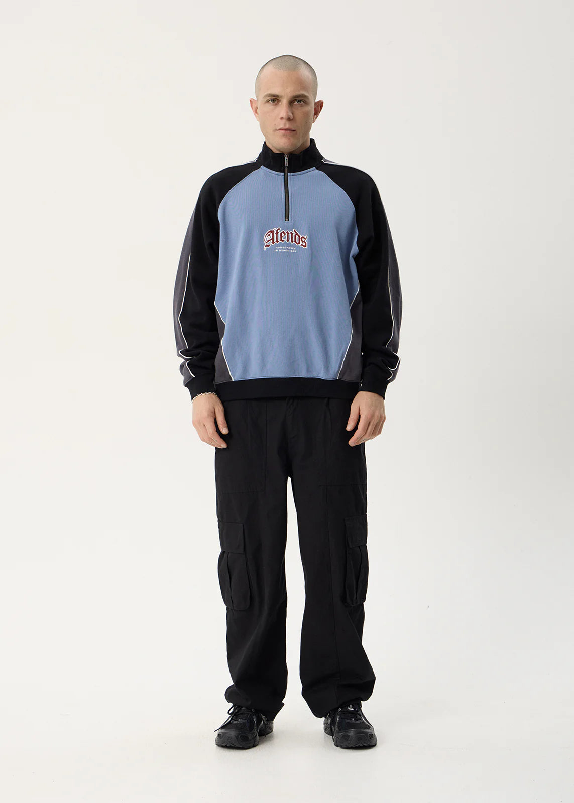 AFENDS Mens Occupancy - Paneled Quarter Zip Jumper - Slate Blue